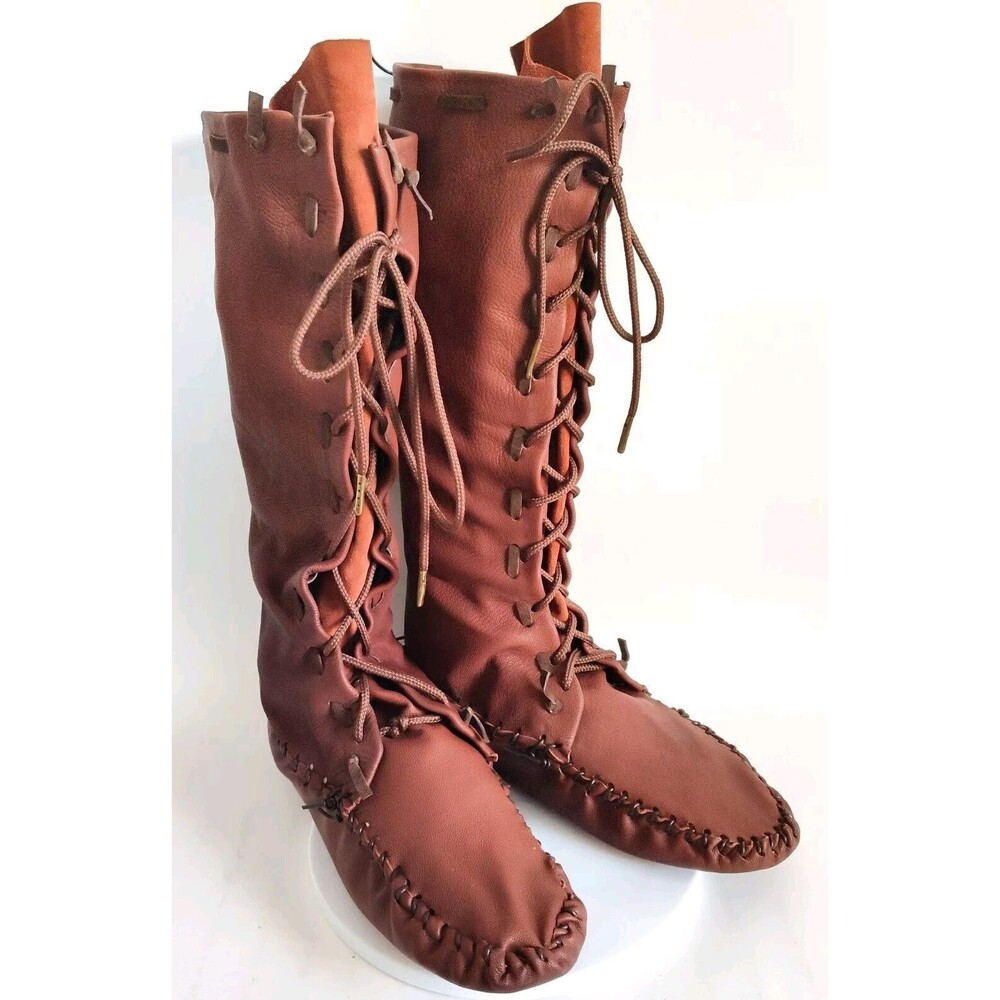 Ramble Leather Dark Brown Elk Deer Handmade Knee High Boots Size 10 Lace-Up Back - Picture 1 of 11